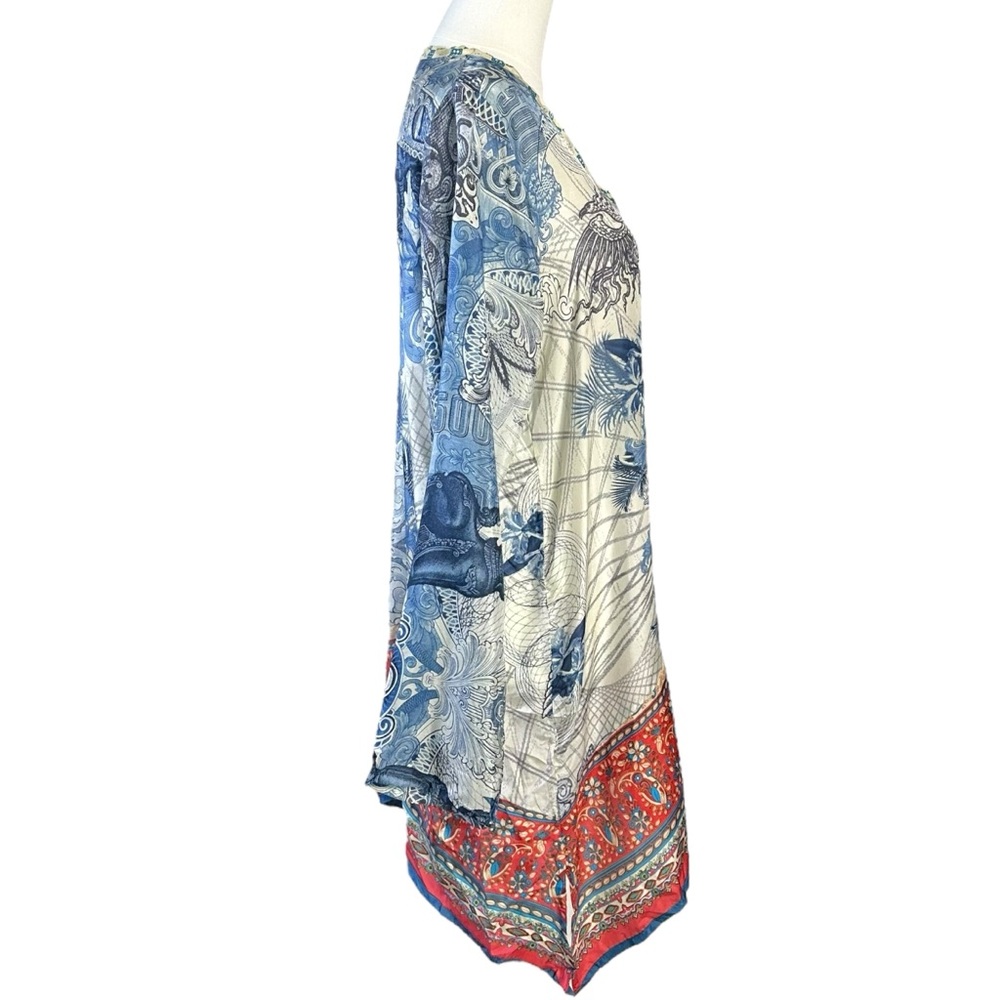 Johnny Was Bohemian Art to Wear Currency Print Silk Tunic Top Size Medium - Picture 7 of 17
